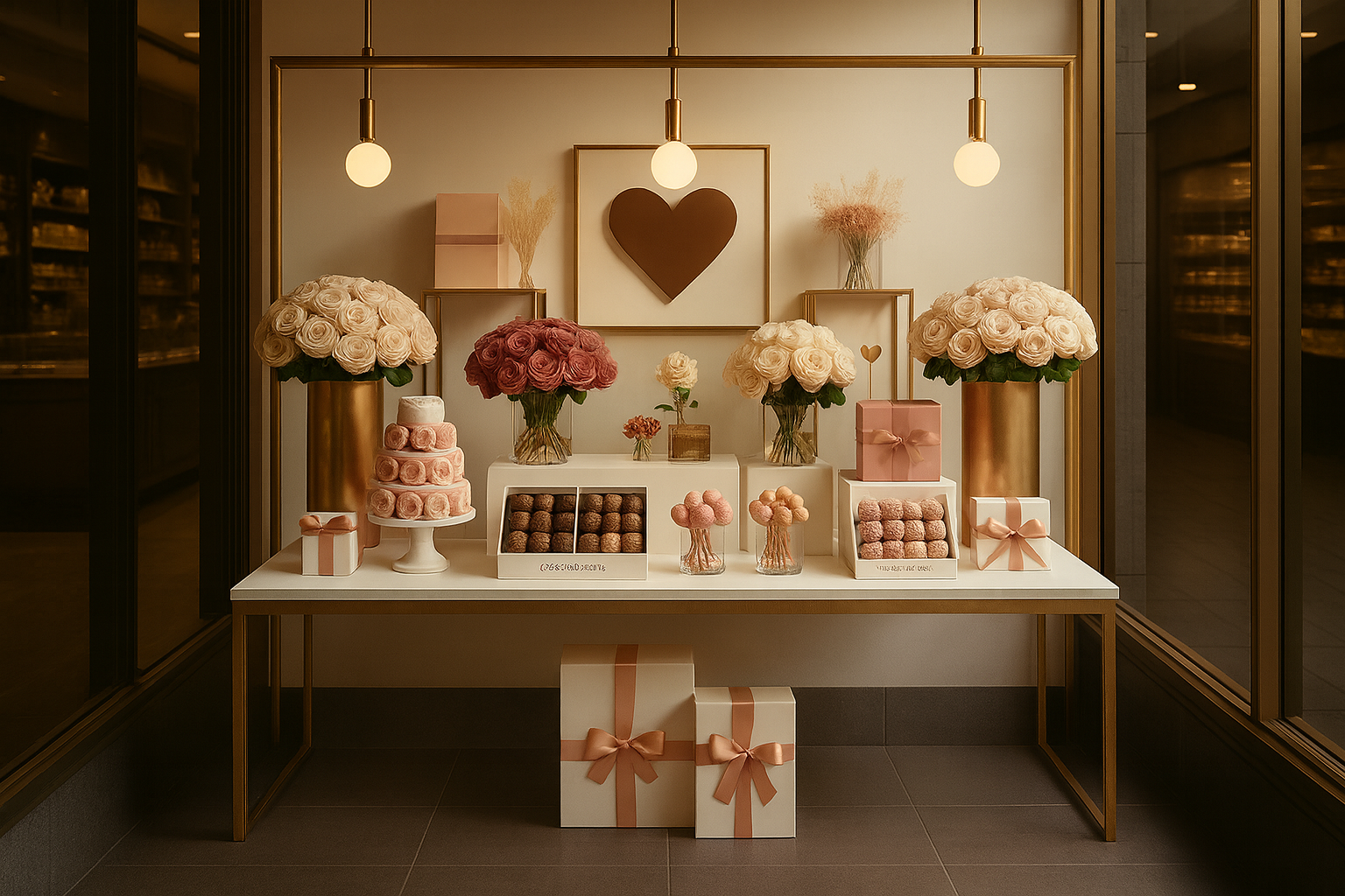 ゴールドテーブルでバレンタイン商品を際立たせる