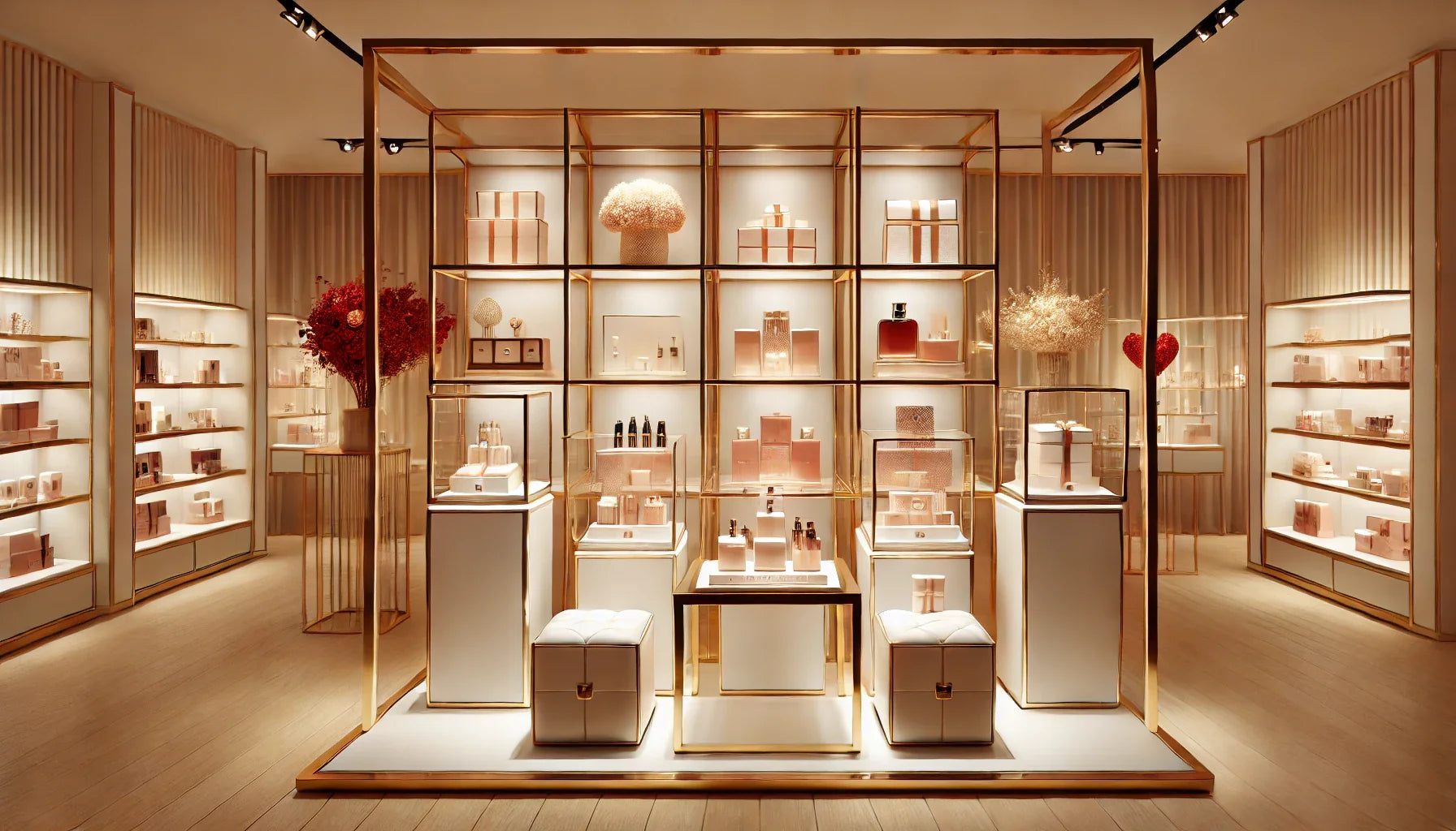 店舗やブティックのためのラグジュゴールドテーブルとホワイトボックスを組み合わせたバレンタイン装飾アリーなデザイン