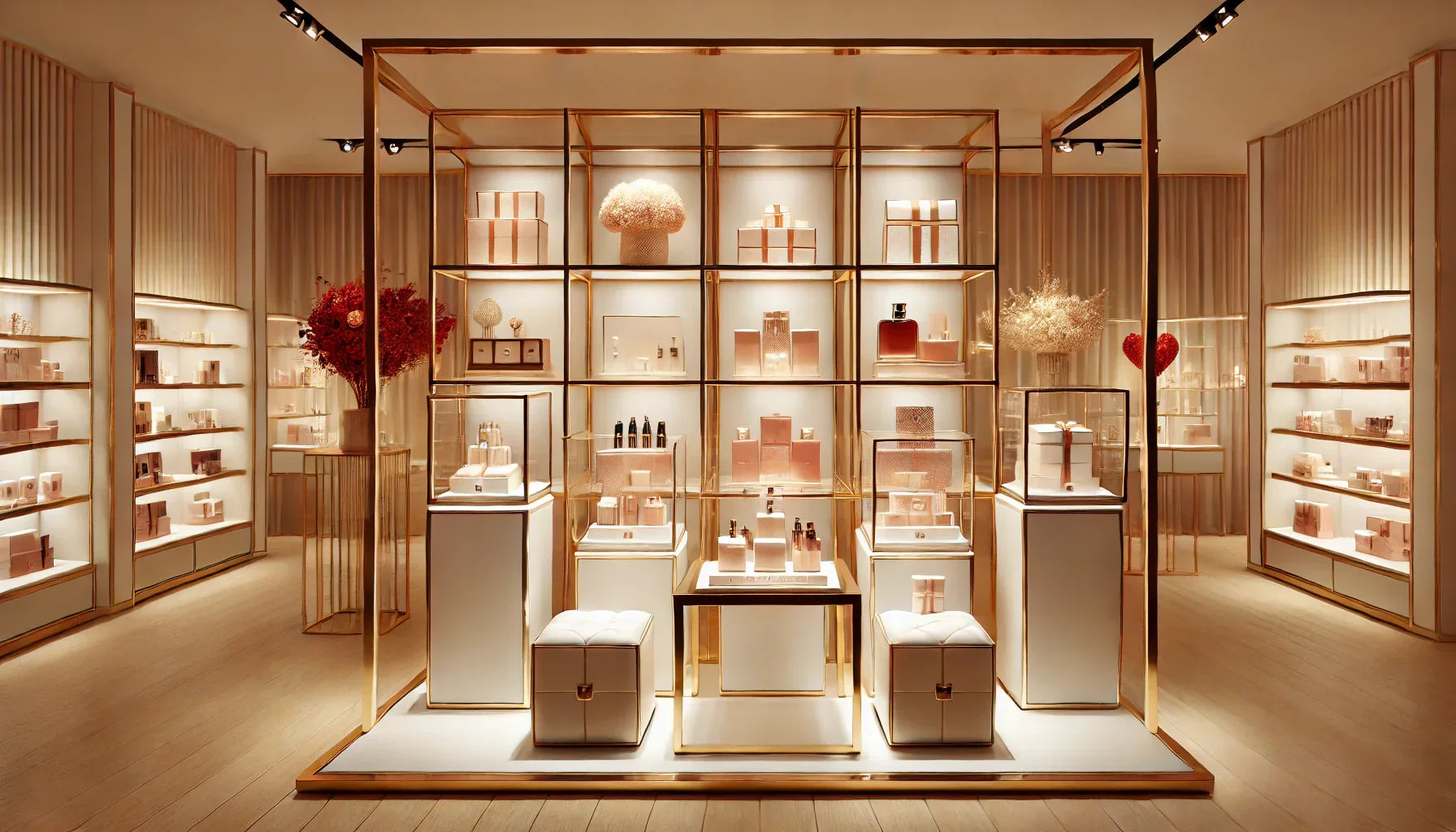 店舗やブティックのためのラグジュゴールドテーブルとホワイトボックスを組み合わせたバレンタイン装飾アリーなデザイン
