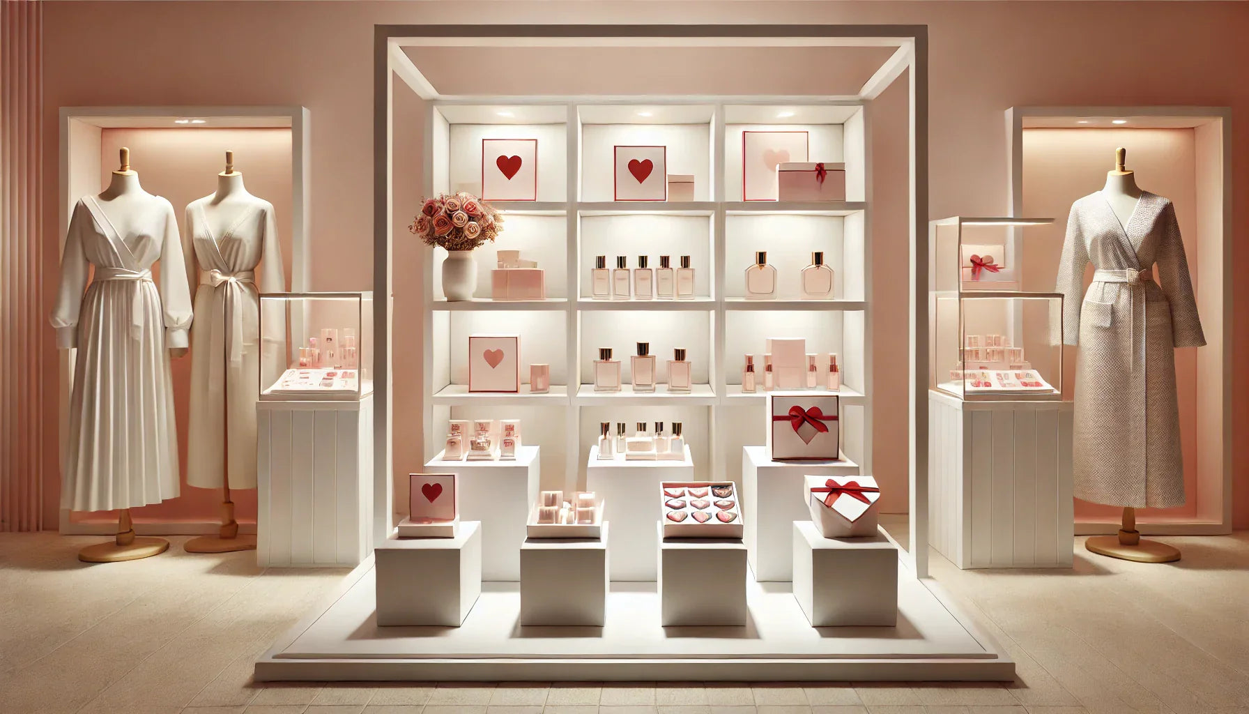 短い白いテーブルと高い白いテーブルでバレンタイン商品を配置する
