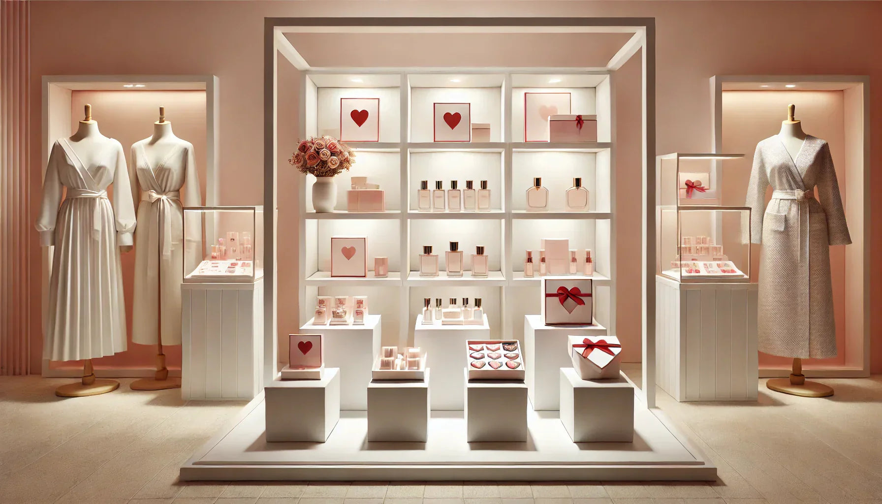 短い白いテーブルと高い白いテーブルでバレンタイン商品を配置する