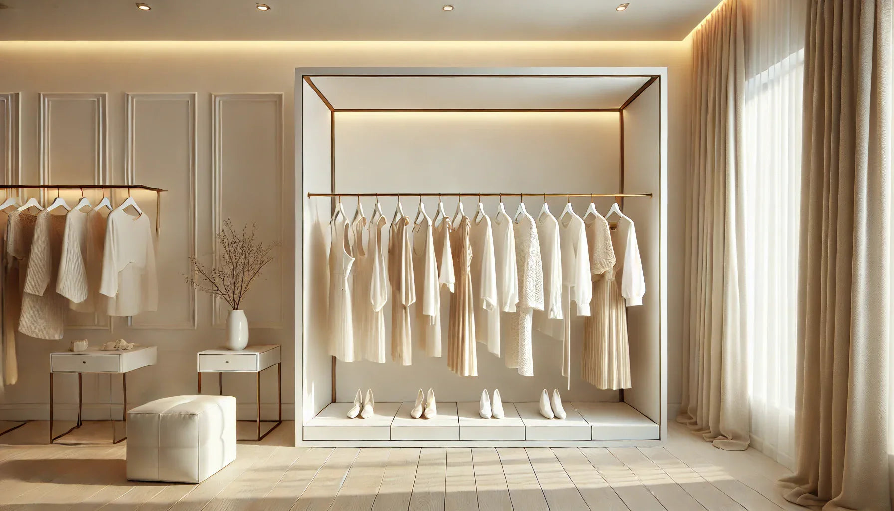 モダンなブティックのためのミニマルなデザインのハンガーラックの活用