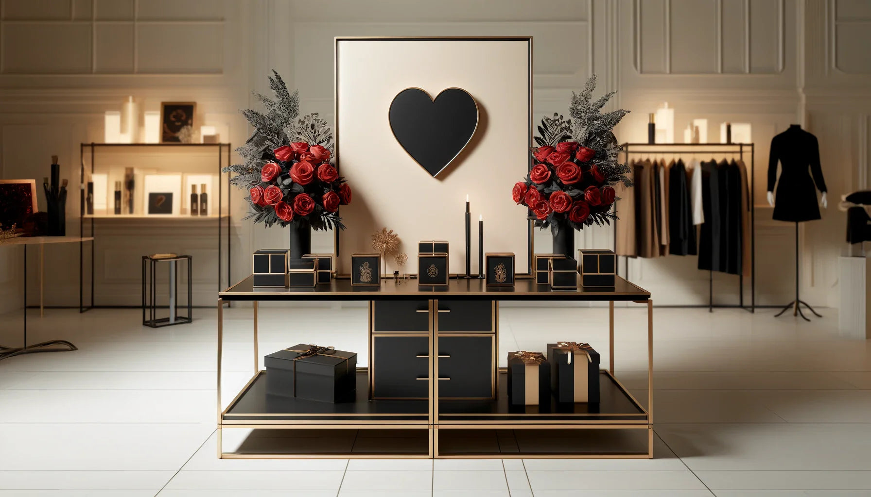 黒と金のテーブルを使ったバレンタイン商品のクリエイティブなディスプレイアイデア