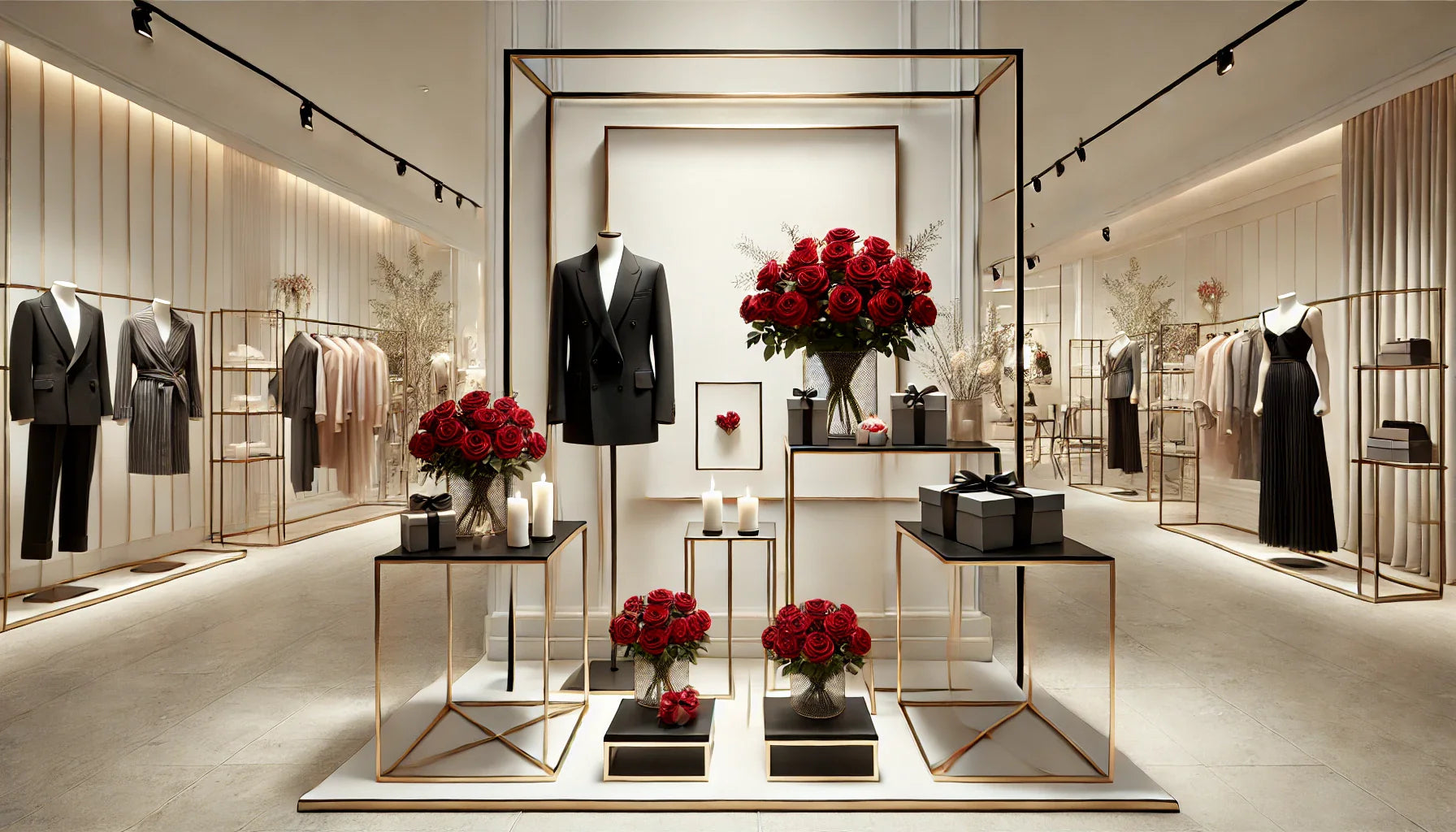 黒と金の金属製テーブルを使ったモダンでミニマルなバレンタインディスプレイ