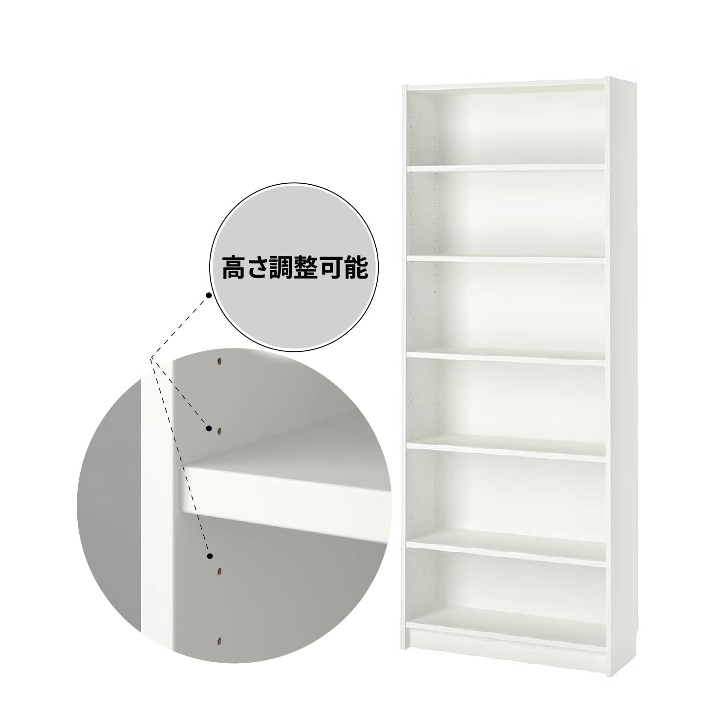 ホワイトオバンコール仕上げのディスプレイシェルフ|棚板の高さ調整可能