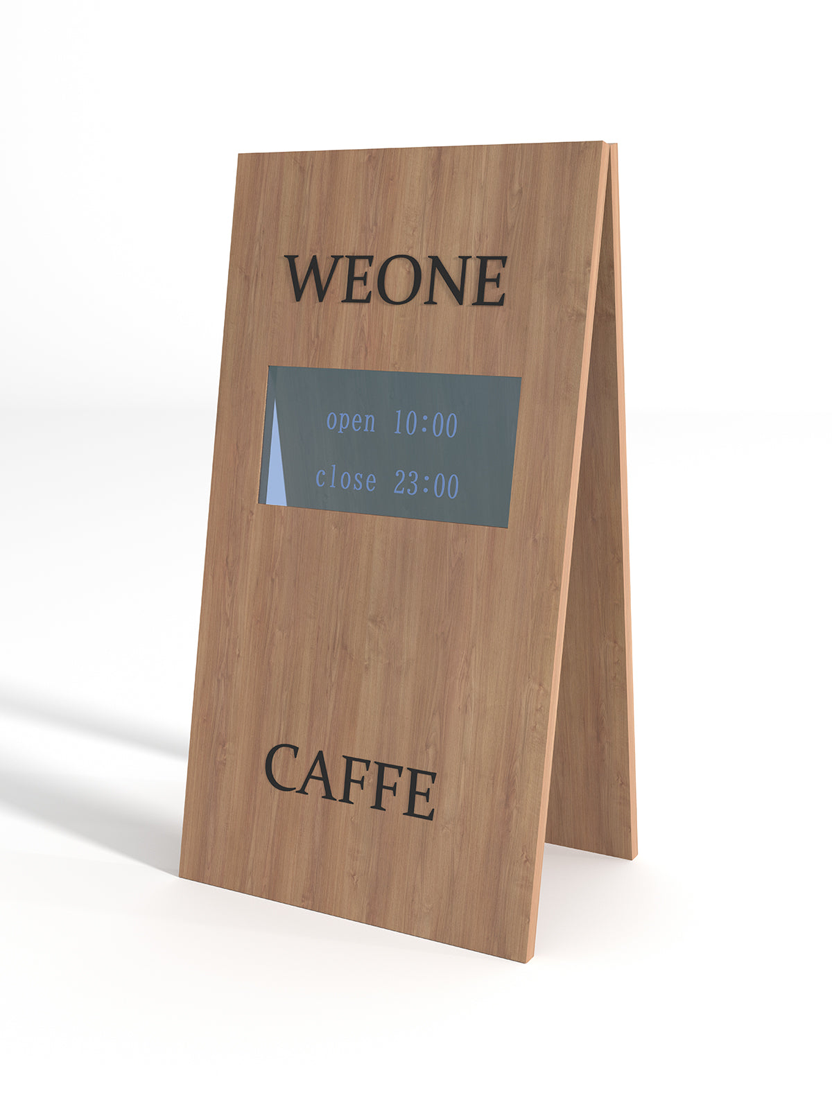 営業時間表示付きの木製カフェ看板 - 屋内外に最適なスタンドデザイン
