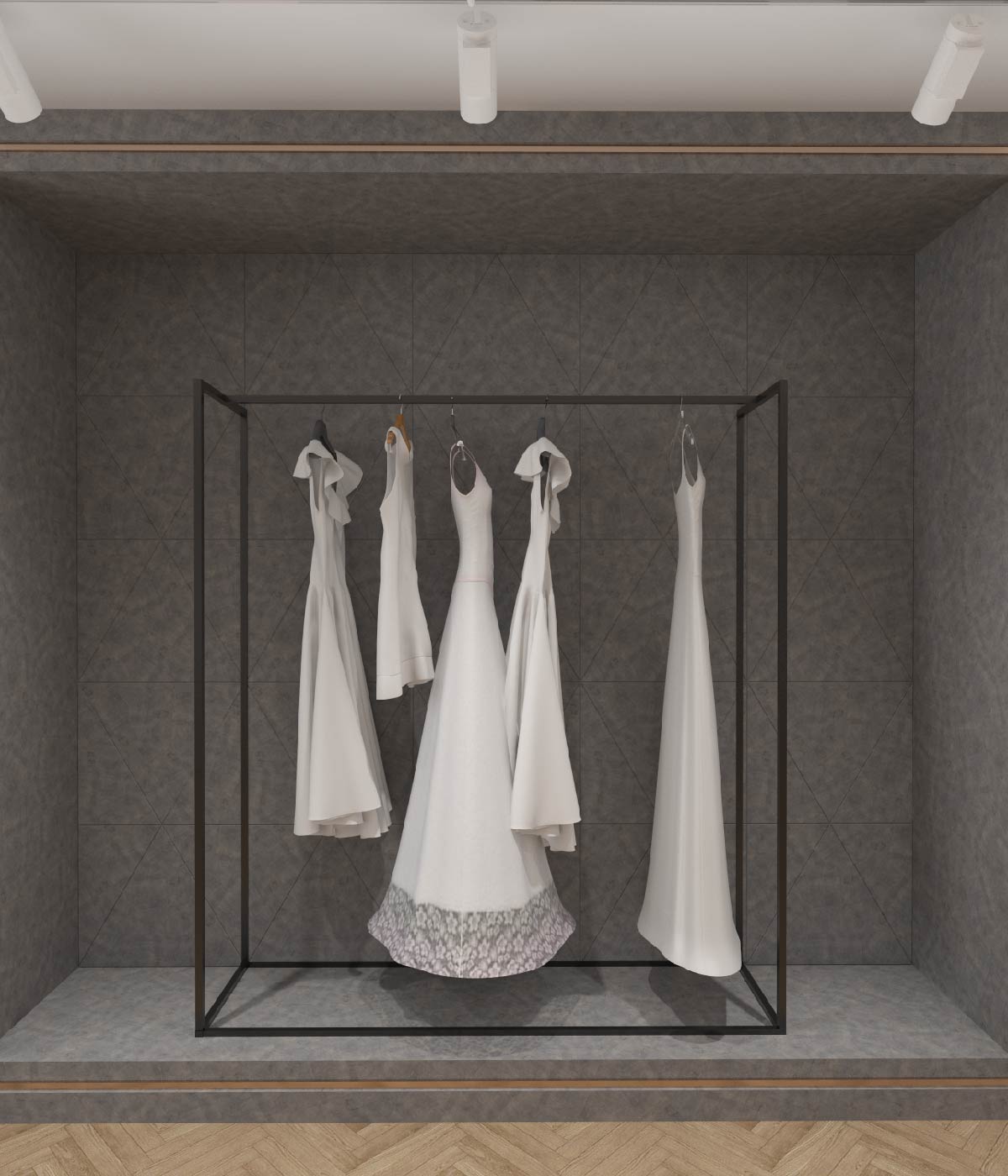 ミニマルな金属フレームと広告ボード付きのモダンなハンガーラック - ブティック、メゾン、アパレルショップに最適