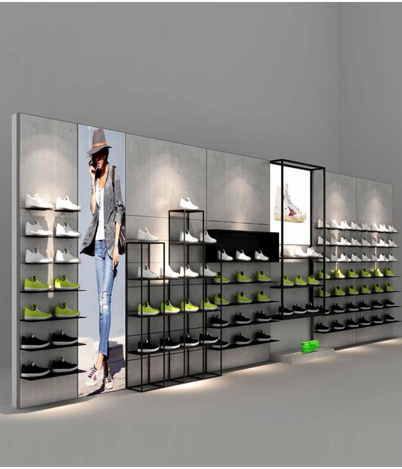 スタイリッシュな照明付きシューズディスプレイラック - ブティックやシューズショップに最適