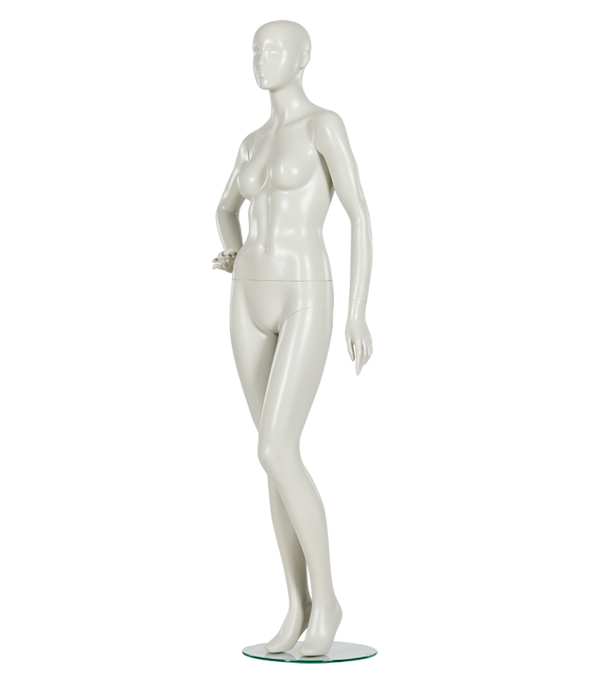 ホワイトカラーの女性マネキン|右斜め前ビュー・手を腰に当てたスタンダードモデル