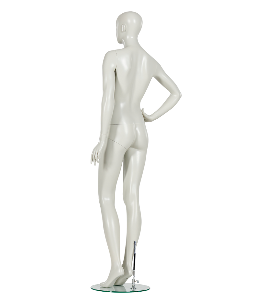 女性マネキンの斜め後ろビュー|ホワイトカラー・手を腰に当てたポーズ