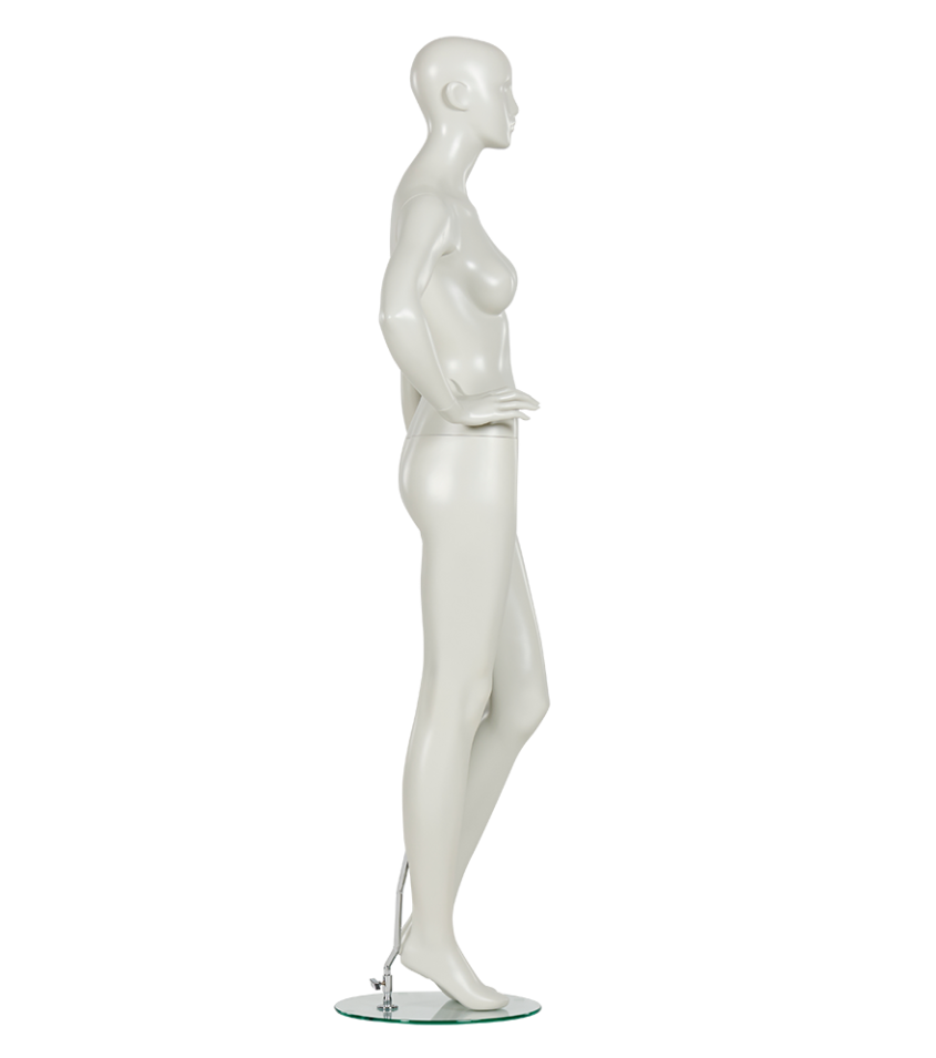 女性マネキン左側面ビュー|ホワイトカラー・手を腰に当てたスタンダードポーズ