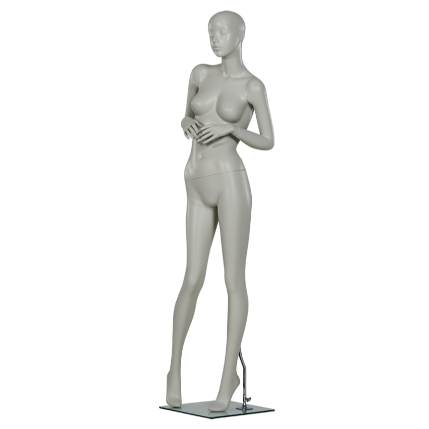 ホワイトカラーの女性マネキン|右斜め前ビュー・両手を前に添えたスタンダードモデル