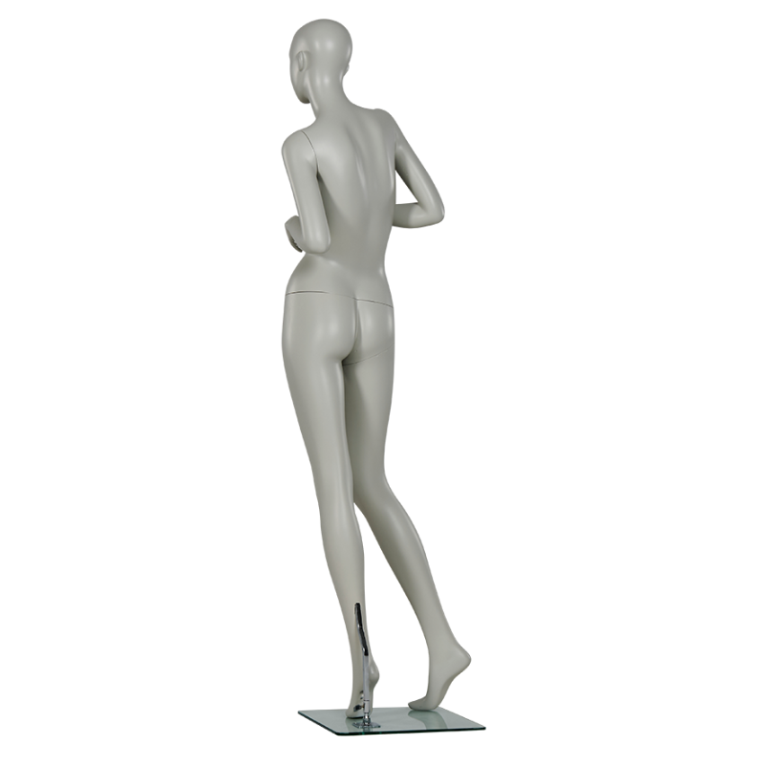 女性マネキンの斜め後ろビュー|ホワイトカラー・両手を前に添えた展示モデル