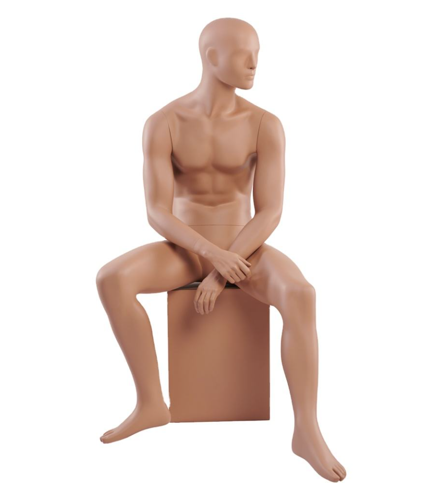 椅子に座った男性マネキン全身正面ビュー|ナチュラルスキンカラー・座りポーズ