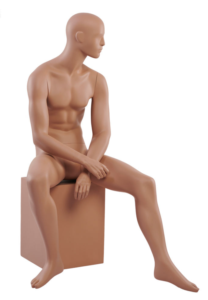 ナチュラルスキンカラーの男性マネキン|右斜め前ビュー・座りポーズ展示モデル