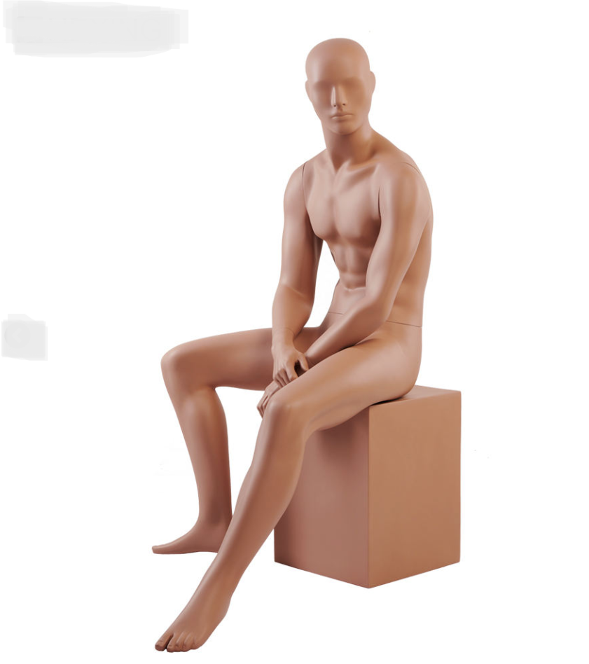 ナチュラルスキンカラーの男性マネキン|左斜め前ビュー・座りポーズ