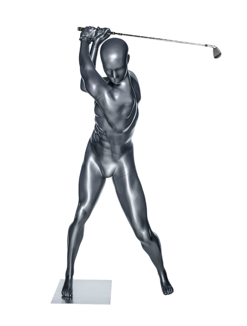 バックスイング姿勢の男性ゴルフマネキン|全身正面ビュー