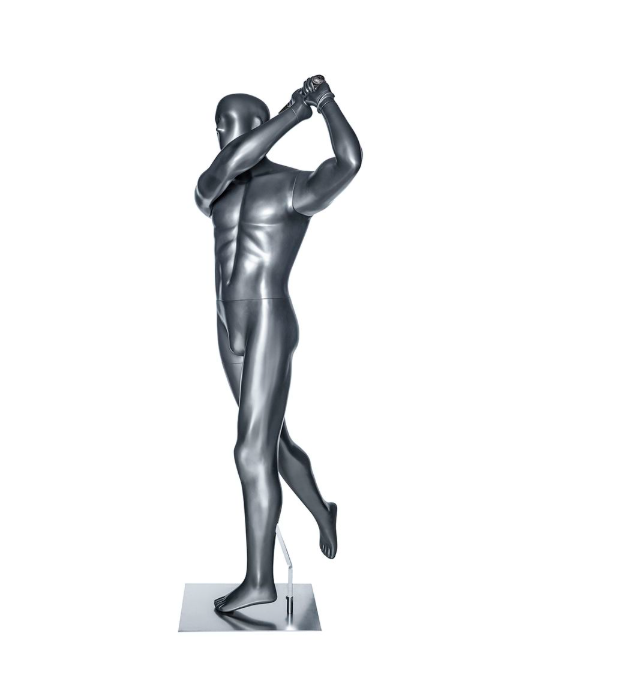 スイング姿勢の男性ゴルフマネキン|右斜め前ビュー