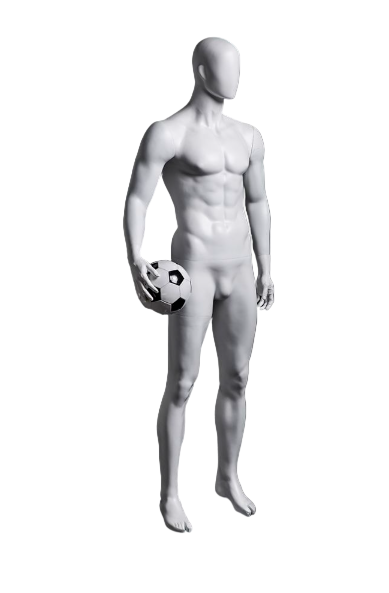 無着衣の男性スポーツマネキン斜め前ビュー|サッカーボールを持つポーズの展示モデル