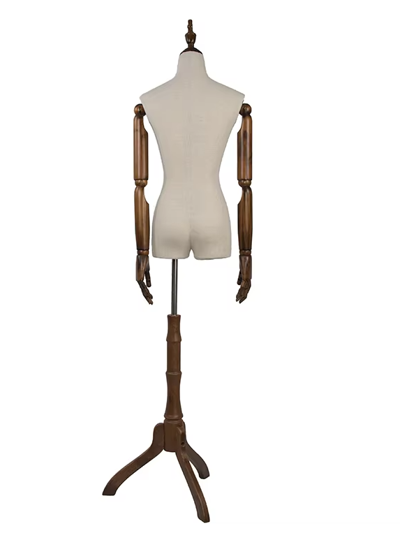 ベージュ布張りのトルソーマネキン|ライトウッド三脚スタンド付きの上品なディスプレイモデル