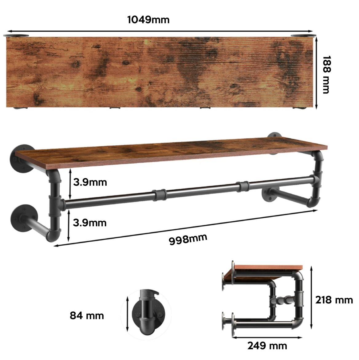 店舗用 ウォールマウント ハンガーラック(木製棚付き)2628