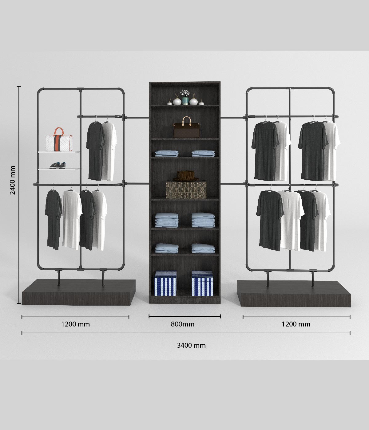 多機能シェルフ付きのモダンな金属フレームアパレルディスプレイラック - ブティック、メゾン、アパレルショップに最適