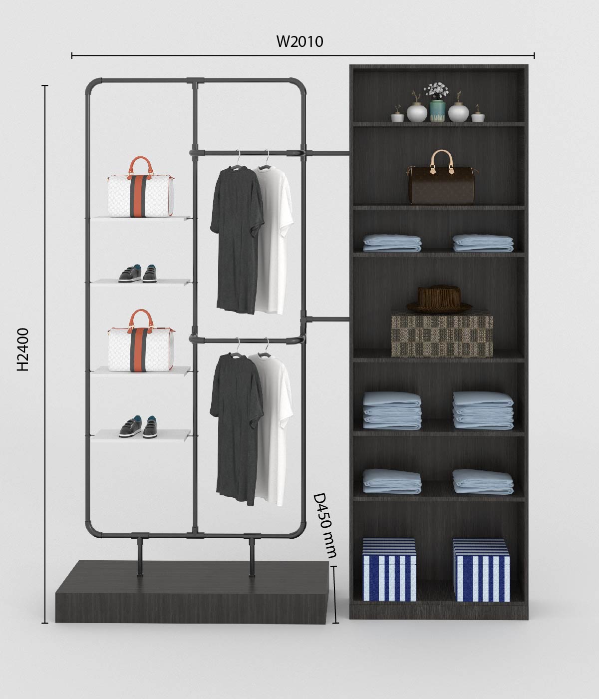 モダンなマルチ機能付きアパレルラック - ブティック、メゾン、アパレルショップに最適