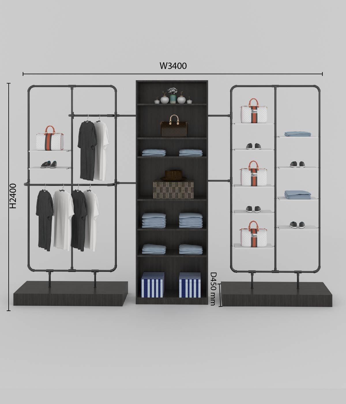 モダンなマルチ機能付きアパレルラック - ブティック、メゾン、アパレルショップに最適