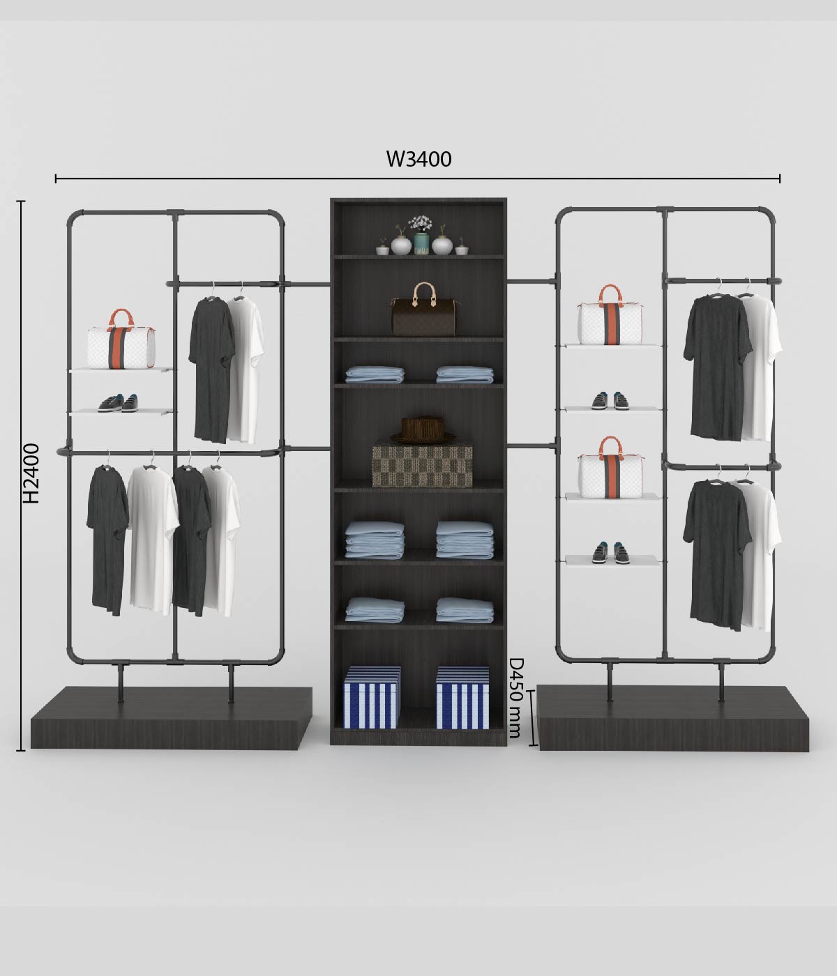 モダンなマルチ機能付きアパレルラック - ブティック、メゾン、アパレルショップに最適
