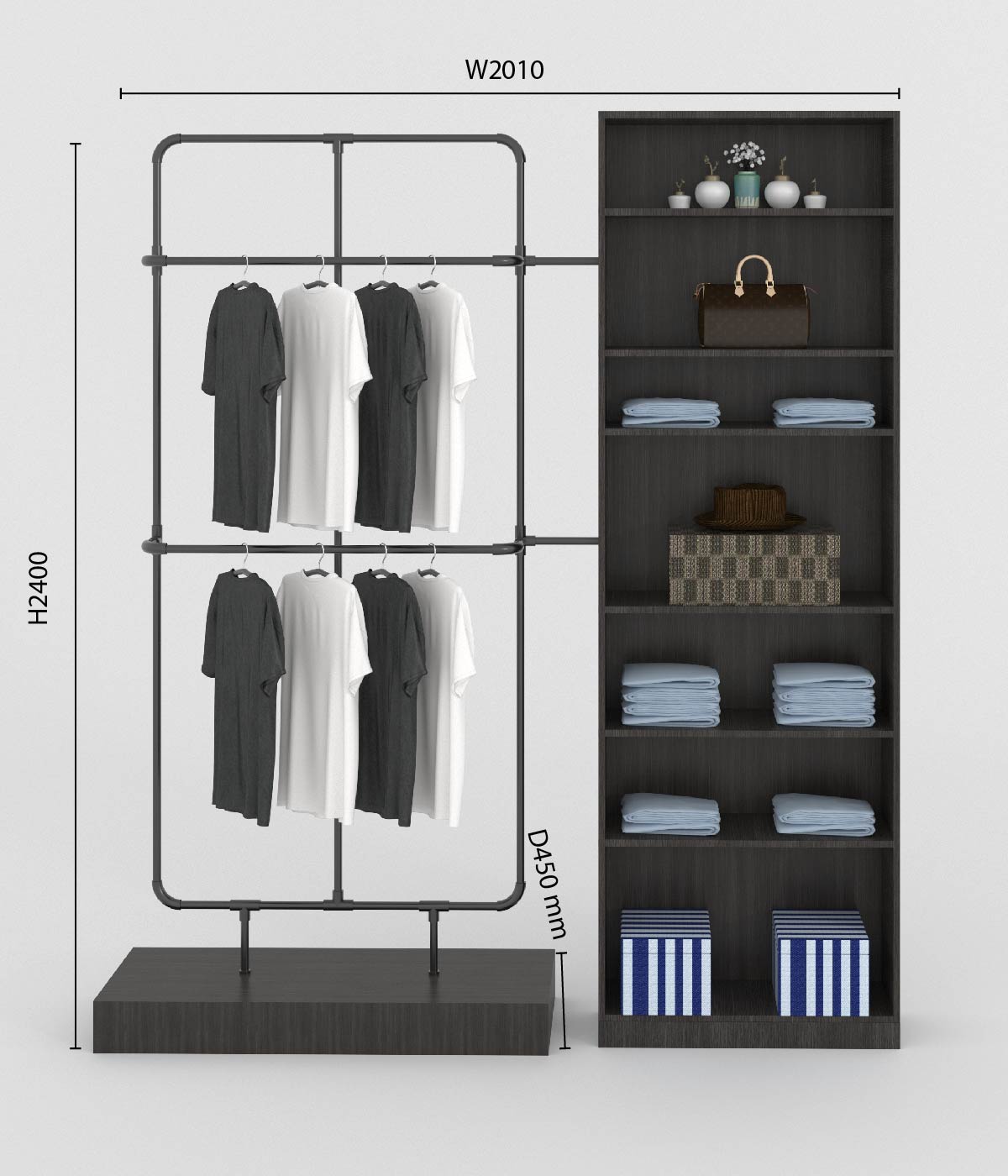 モダンなマルチ機能付きアパレルラック - ブティック、メゾン、アパレルショップに最適