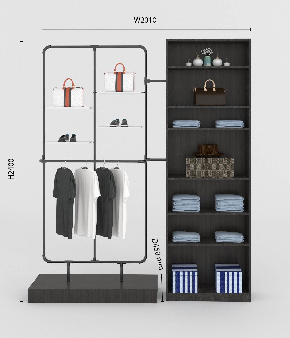 モダンなマルチ機能付きアパレルラック - ブティック、メゾン、アパレルショップに最適