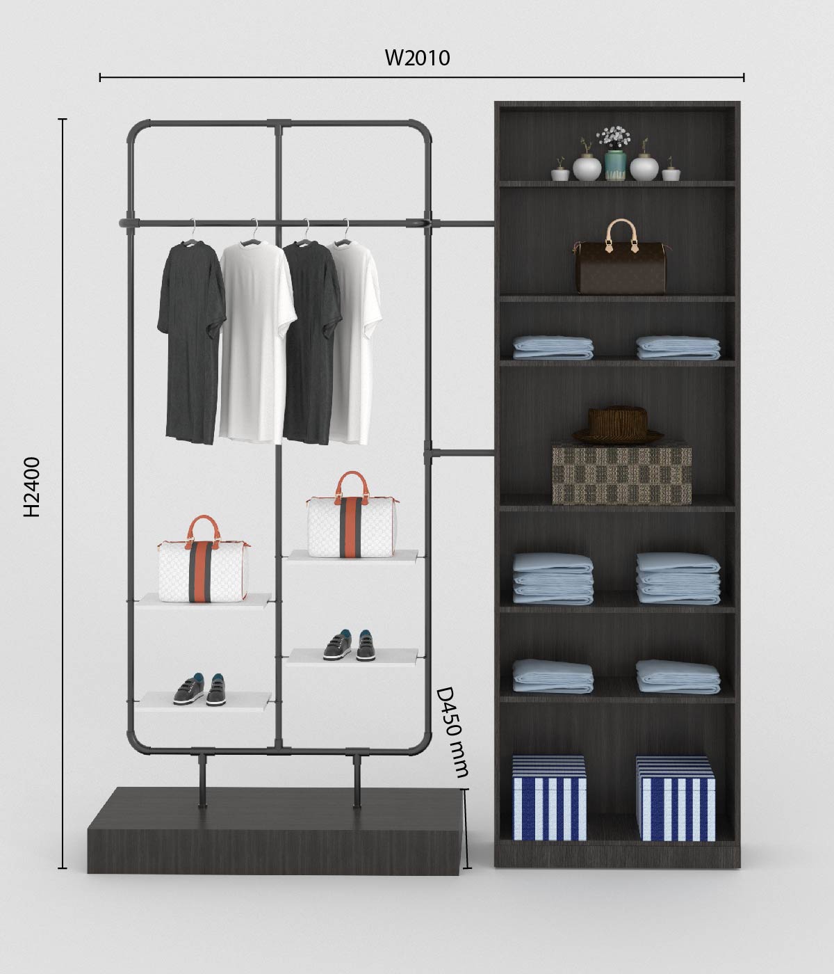 モダンなマルチ機能付きアパレルラック - ブティック、メゾン、アパレルショップに最適