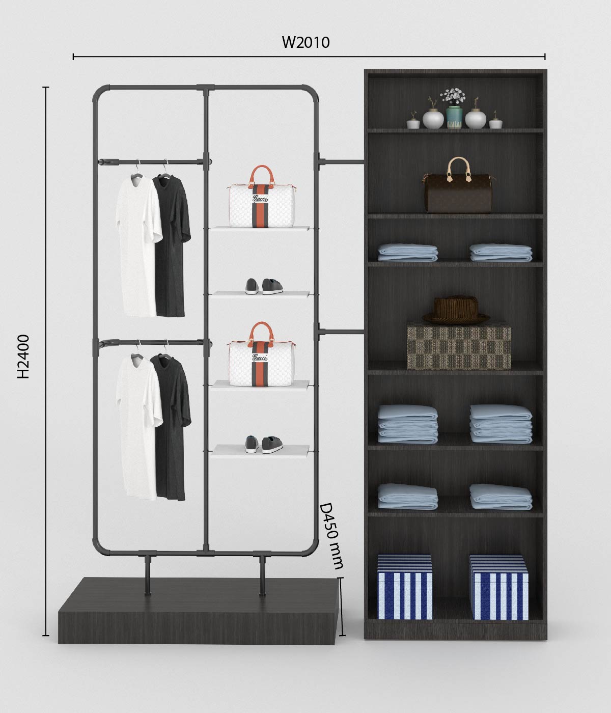 モダンなマルチ機能付きアパレルラック - ブティック、メゾン、アパレルショップに最適