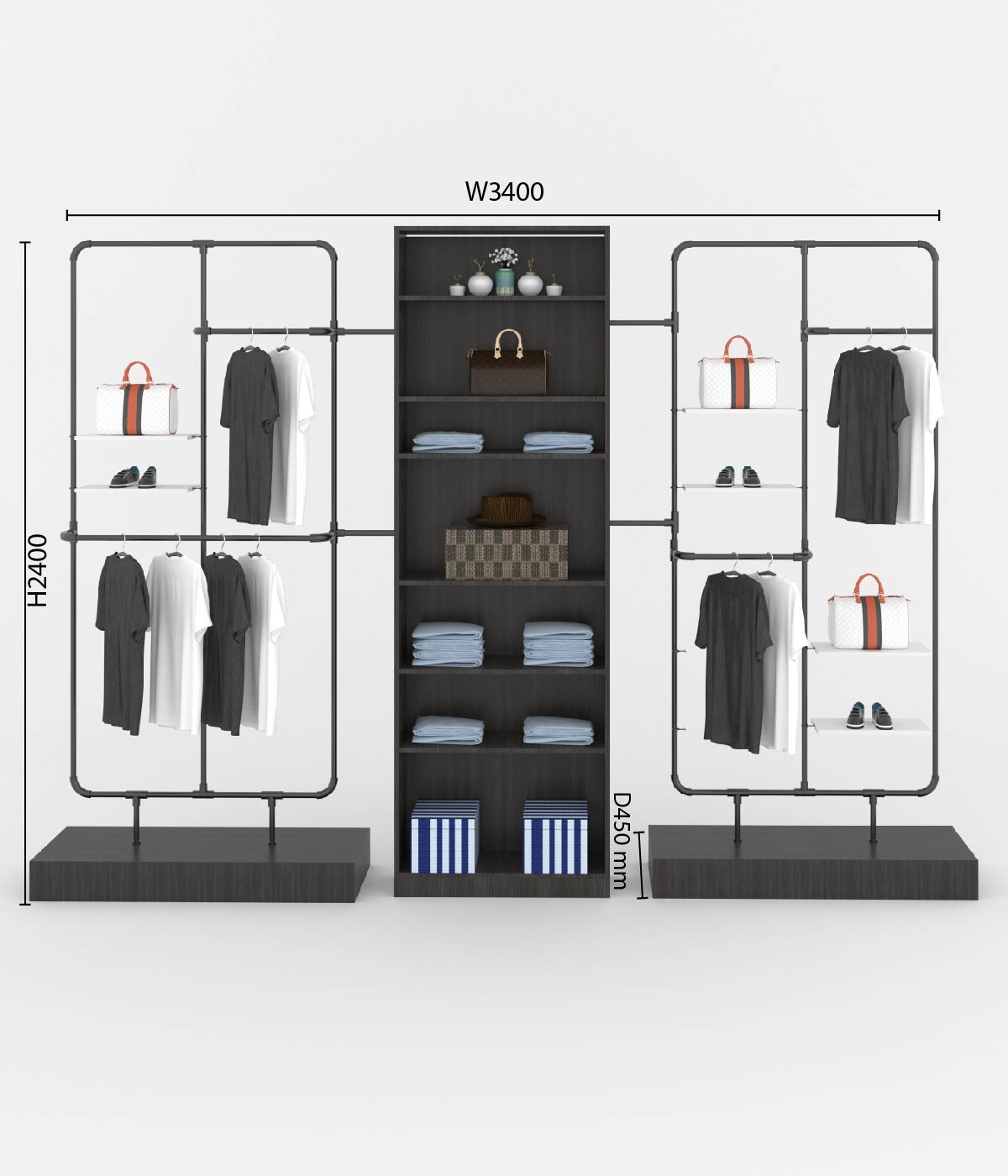 モダンなマルチ機能付きアパレルラック - ブティック、メゾン、アパレルショップに最適
