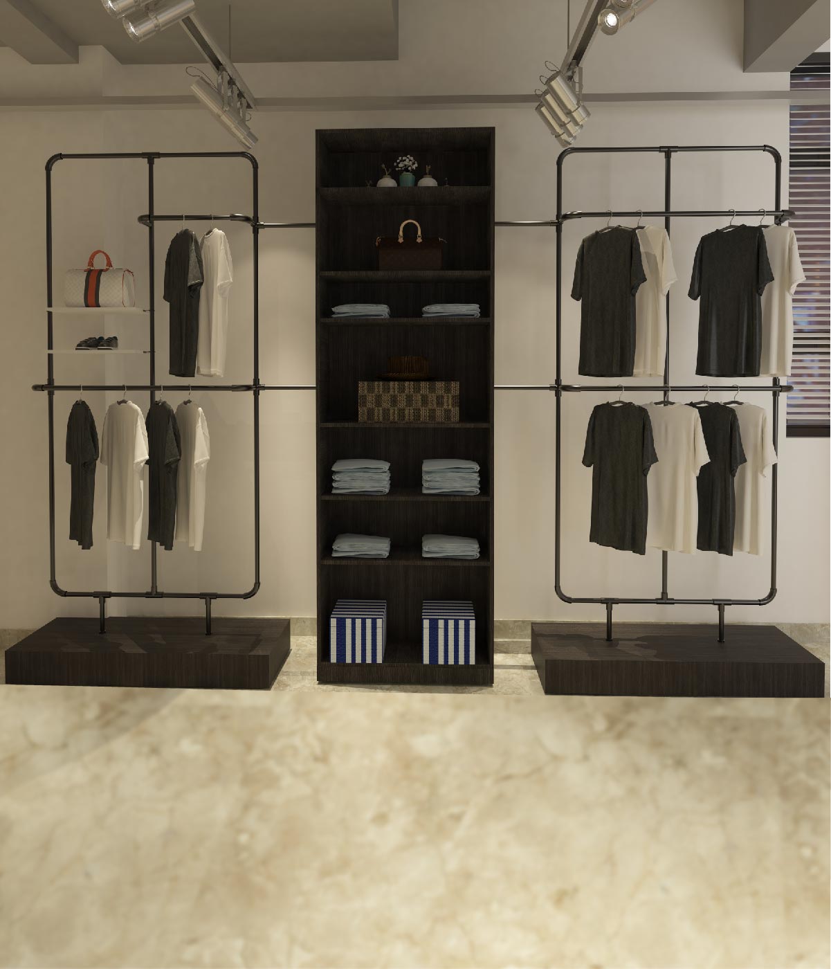 モダンなマルチ機能付きアパレルラック - ブティック、メゾン、アパレルショップに最適
