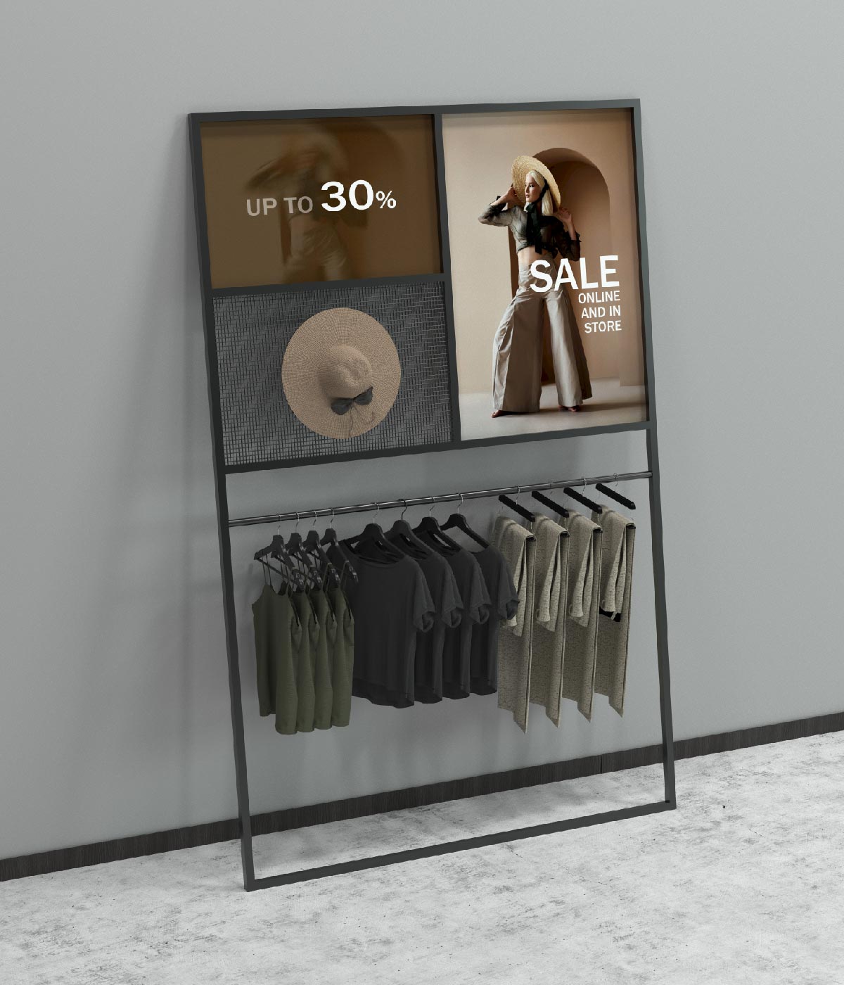 広告スペース付きの金属フレームアパレルディスプレイスタンド - ブティック、メゾン、アパレルショップに最適