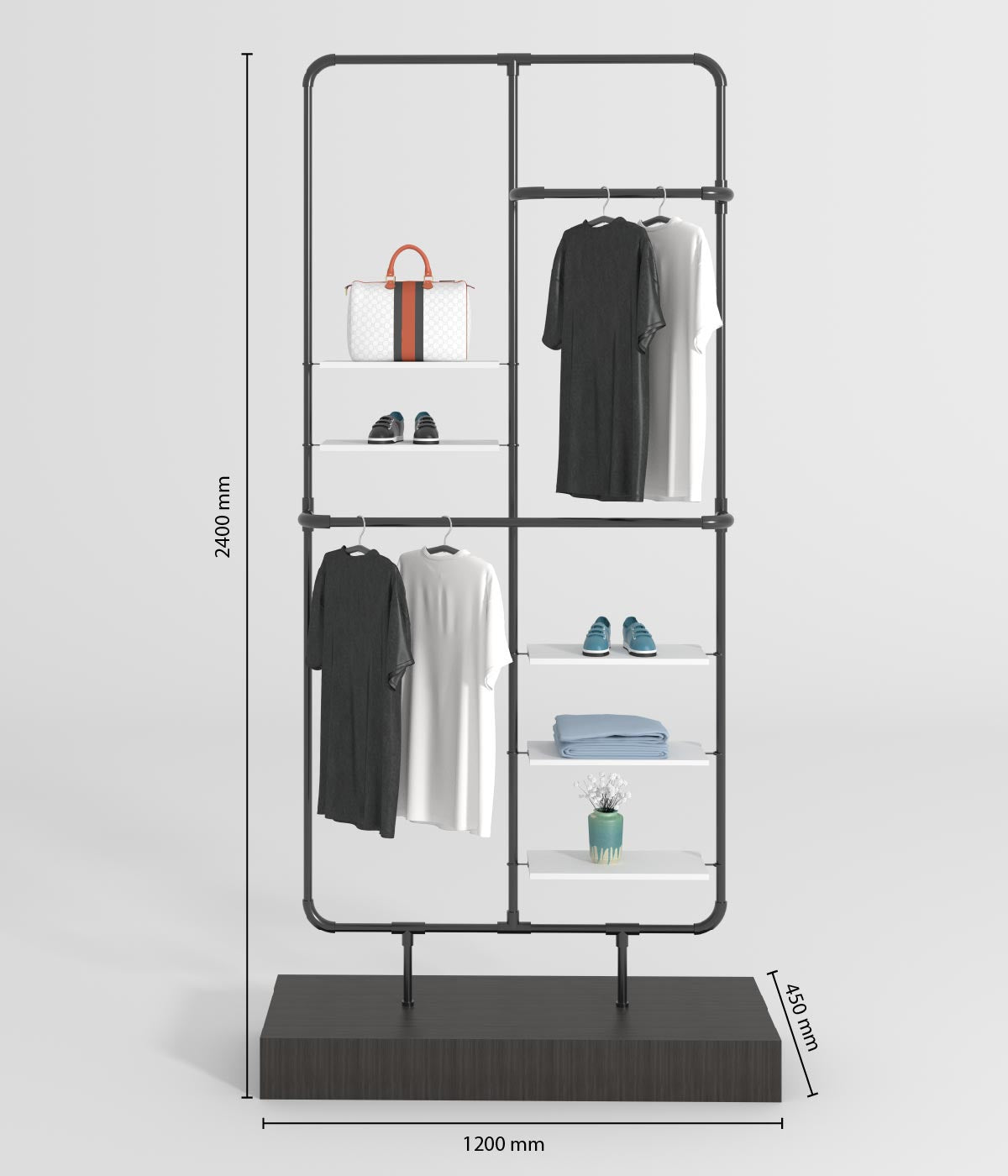 多機能シェルフ付きのモダンな金属フレームアパレルディスプレイラック - ブティック、メゾン、アパレルショップに最適