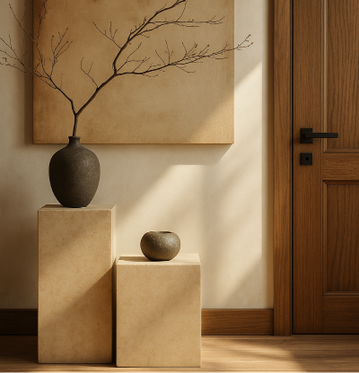 高級感のある暖色系インテリア空間に配置されたチェアとデコレーションテーブル|花瓶と木製アクセント付き