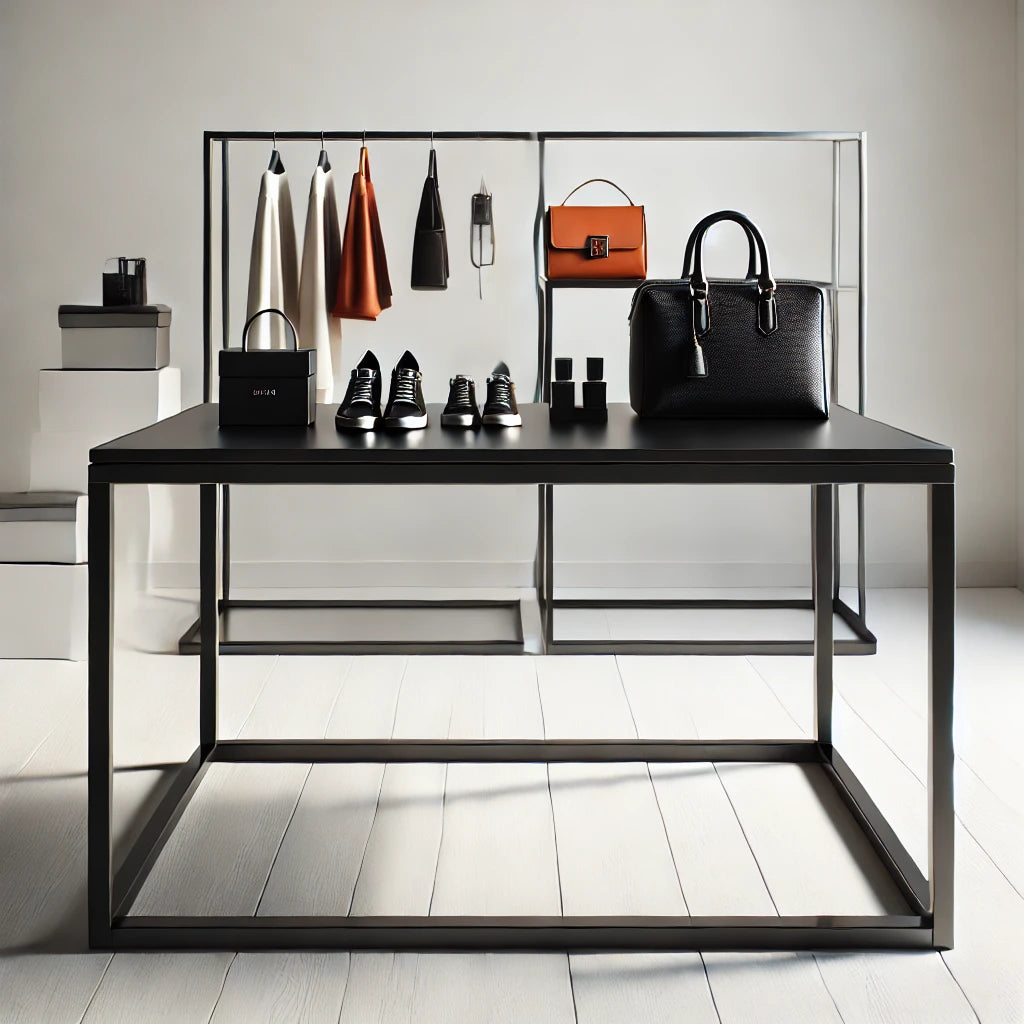 ミニマルデザインのモダンな金属フレームテーブル - ブティック、メゾン、商業スペースに最適