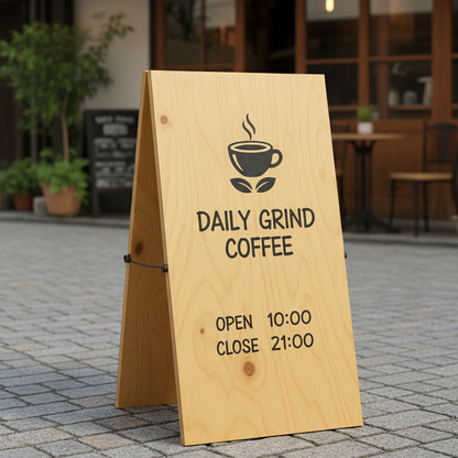 カフェ&レストラン用木製スタンド看板 - 営業時間表示付き、屋内外に最適
