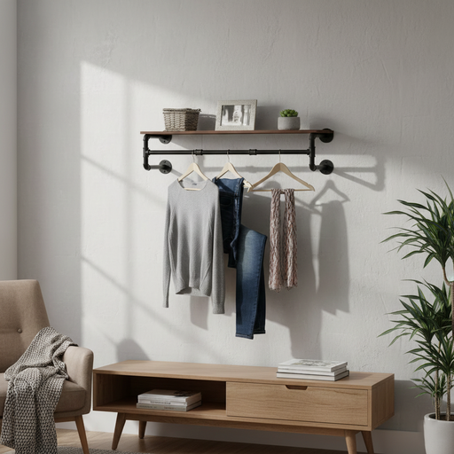 店舗用 ウォールマウント ハンガーラック(木製棚付き)2628