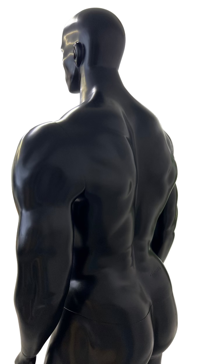 筋肉造形が際立つ男性マネキン上半身|マッスルポーズ斜め後ろビュー