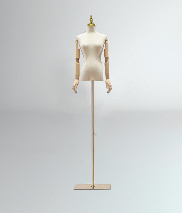 布張りの女性トルソーマネキン正面ビュー|木製腕付き・ゴールドスタンド仕様の展示モデル