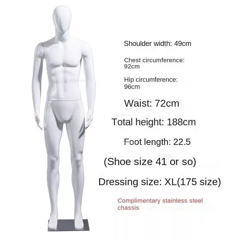 男性マネキンのサイズ表記画像|肩幅48cm・胸囲102cm・ウエスト72cm・身長188cm・靴サイズ約41