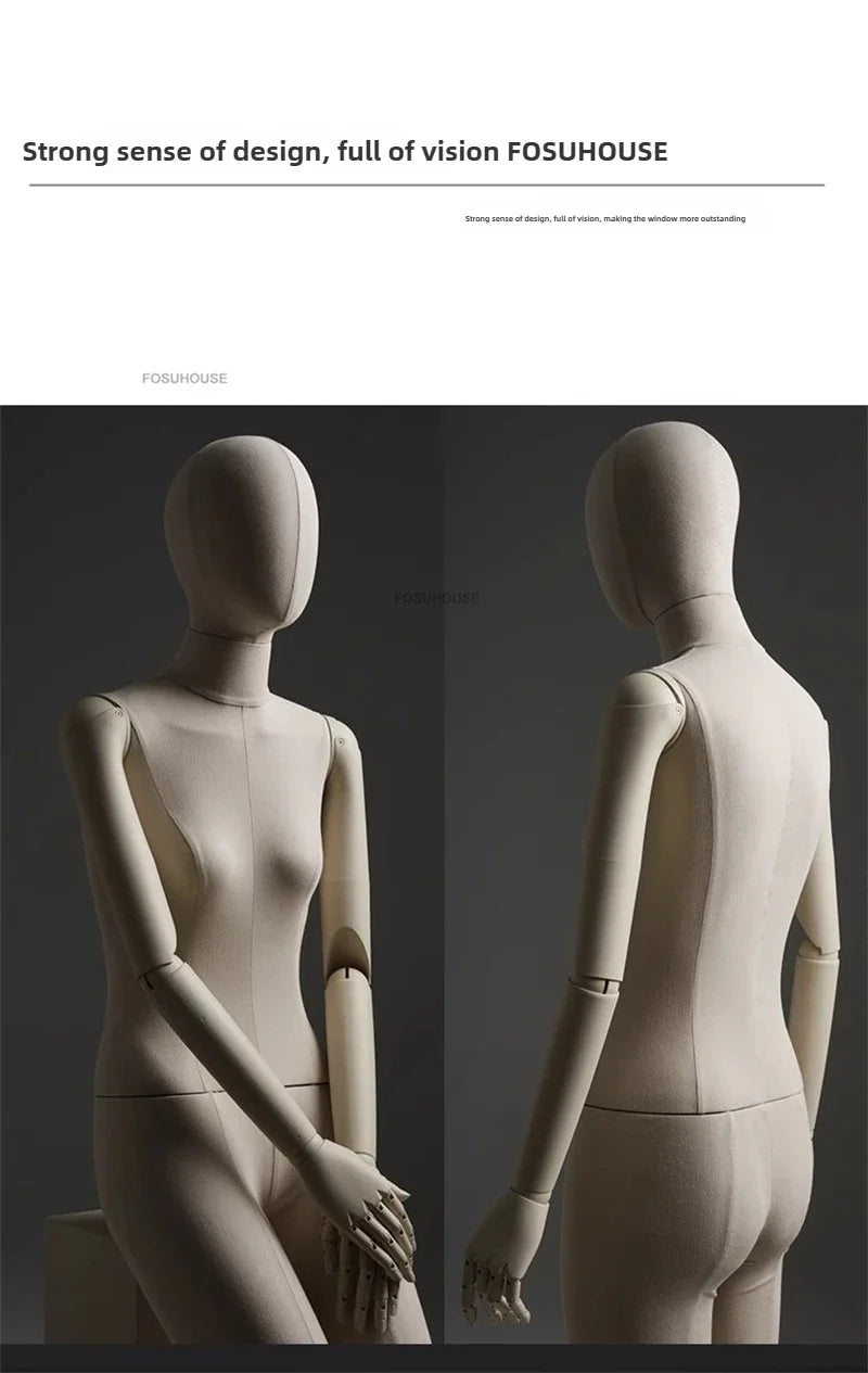 リネン布張りと木製腕の女性マネキン上半身ディテール|ナチュラルベージュカラー・前面と背面ビュー