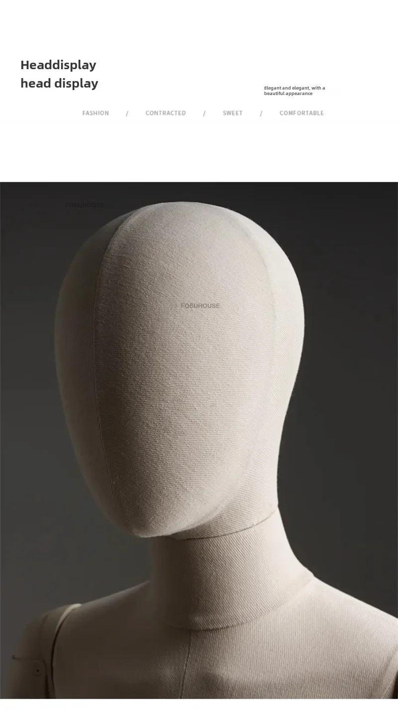 リネン布張り女性マネキンの頭部クローズアップ|ナチュラルベージュカラー・滑らかな造形ディテール