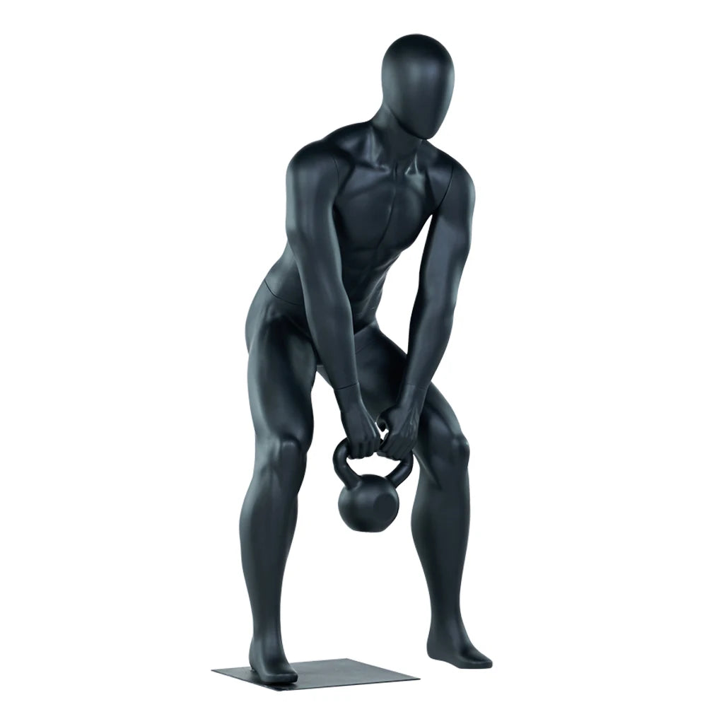 グレーカラーの男性フィットネスマネキン|ケトルベルデッドリフトポーズ