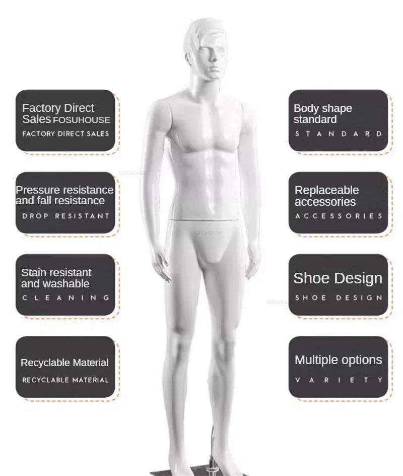 男性マネキンの特徴説明画像|ボディ形状・安定ベース・再利用可能な素材紹介