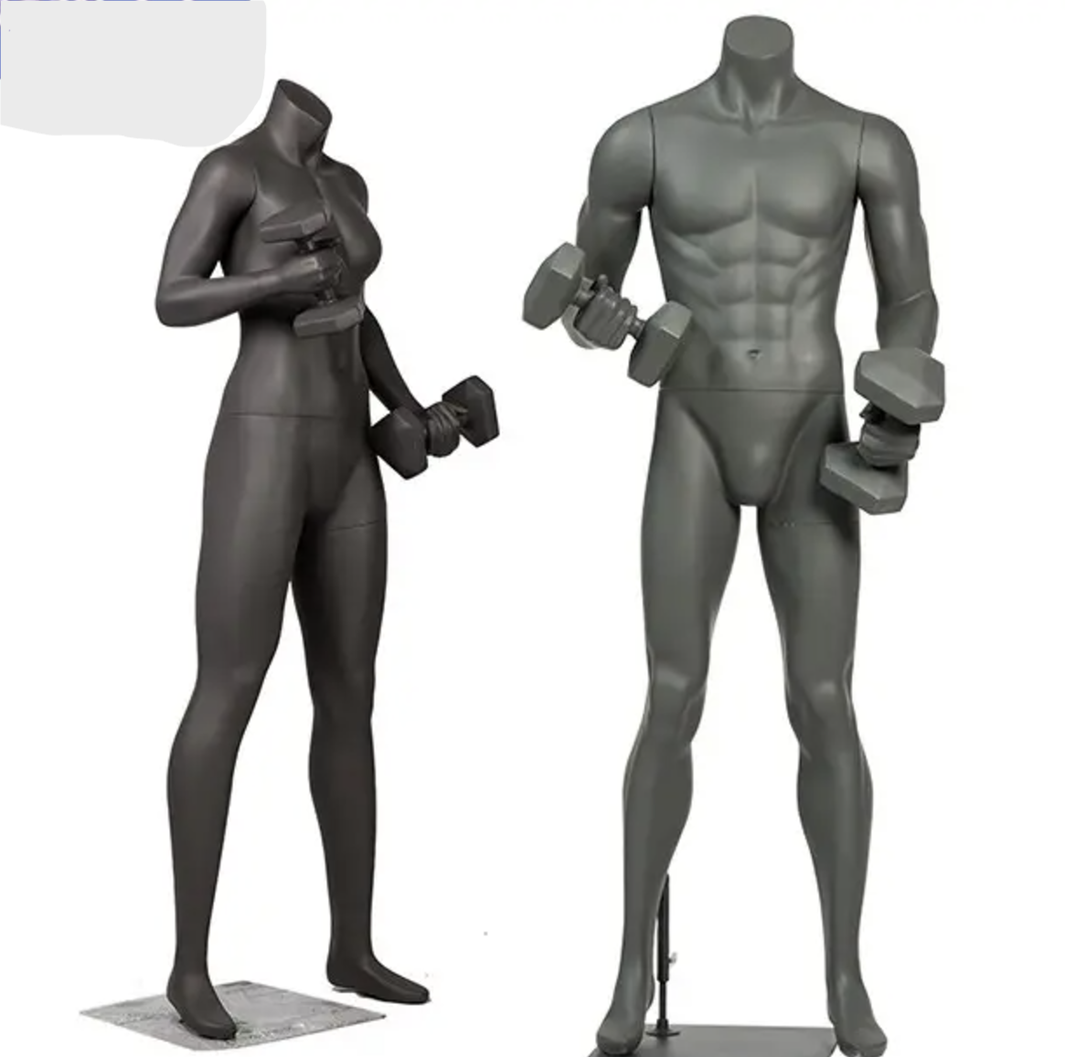 男女フィットネスマネキンのダンベルポーズ展示例|ペアディスプレイ