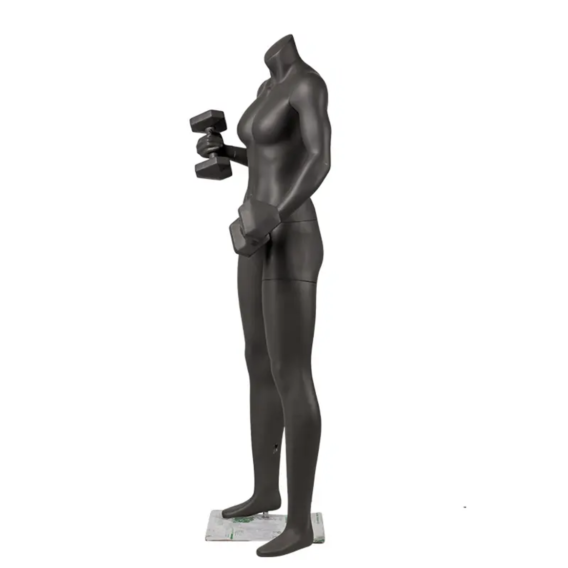 女性フィットネスマネキンの側面ビュー|ダンベルを持つトレーニングポーズ